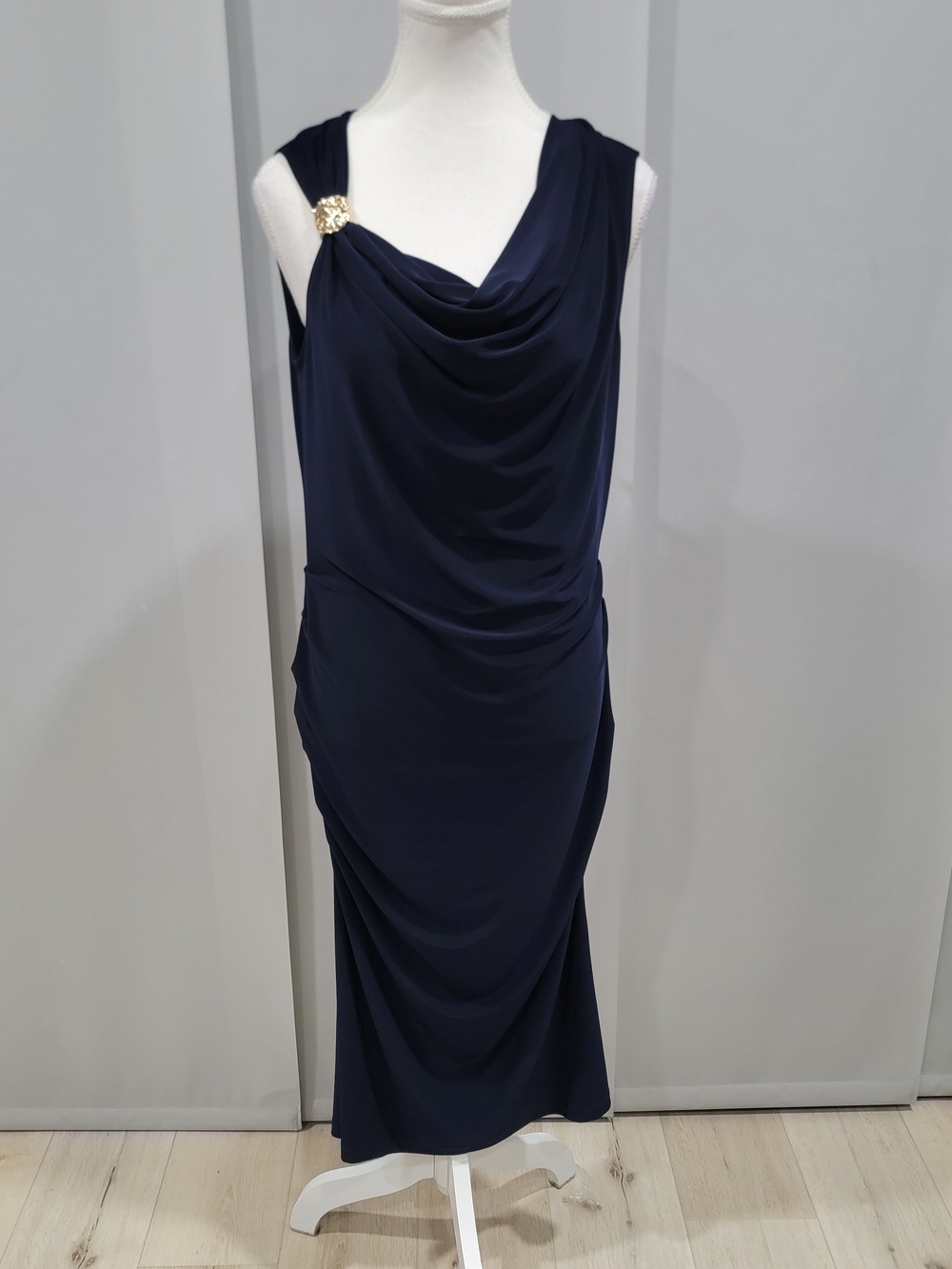 Joseph Ribkoff Navy Sleeveless Draped Midi Dress with Gold Brooch